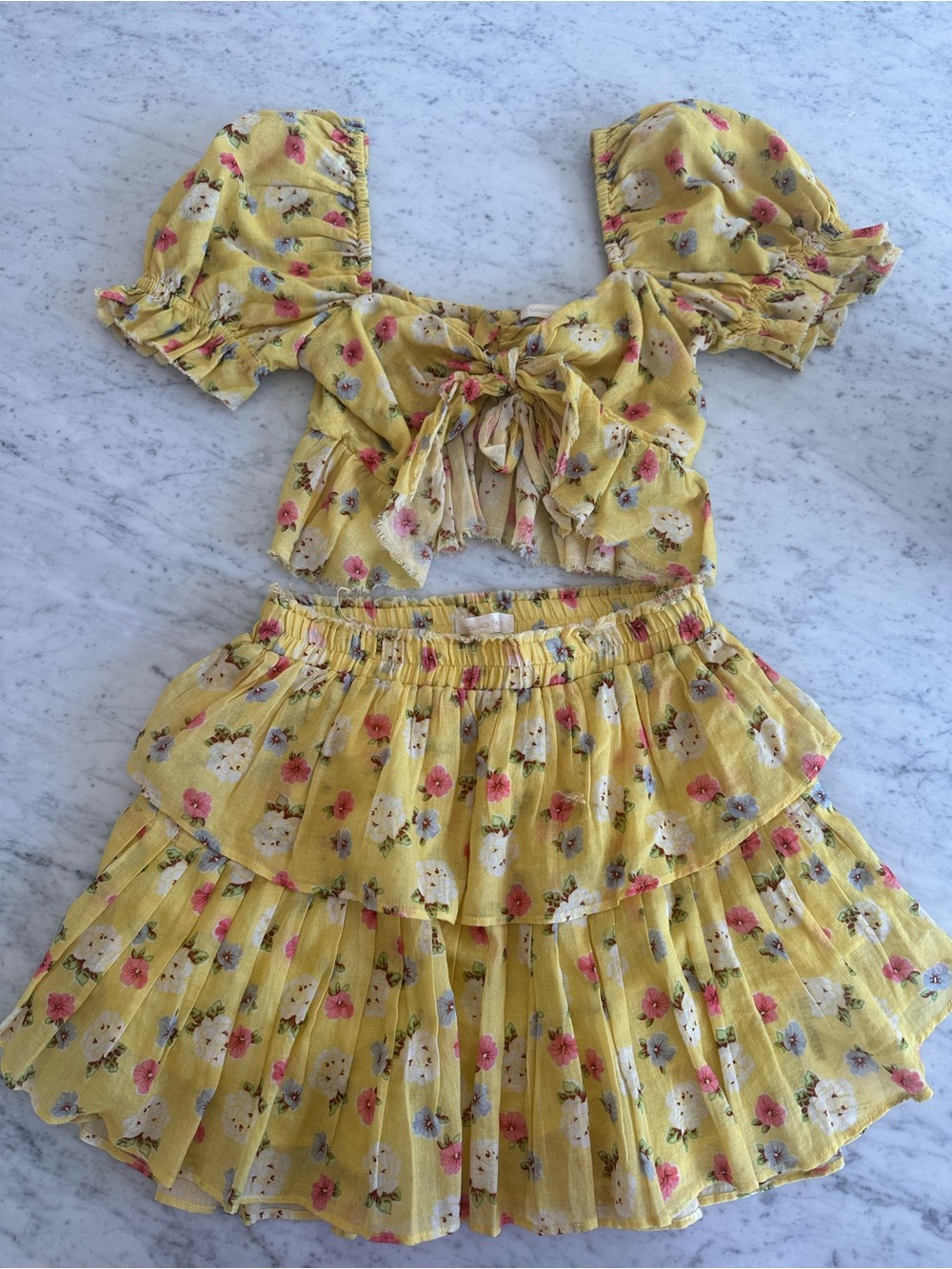 LoveShackFancy Yellow Floral Tie-Front Crop Top and skirt set